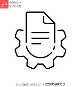 Manual document analysis line icon. Document with gear Big data processing. Paper sheet software solution business. Gear sheet page Editable stroke Vector illustration Design on white background EPS10