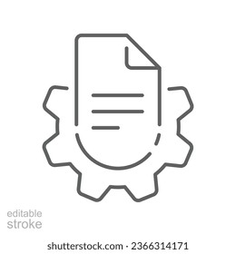 Symbol für die manuelle Dokumentanalyse. Dokument mit Getriebe Big Data Processing. Geschäft mit Softwarelösungen für Papierblätter. Seite des Fanggeräts Bearbeitbarer Strich Vektorgrafik Design auf weißem Hintergrund EPS10