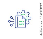 Manual document, big data processing technology, storage and analysis, cogwheel and paper file, capturing digital information, software solution, vector line icon, linear illustration