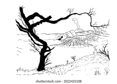 Manual Draw Sketch, dead tree and big mountain
