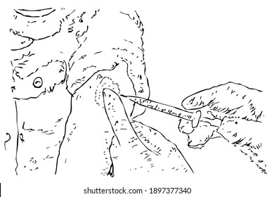 Manual Draw Sketch, Hand Get vacine from sryinge
