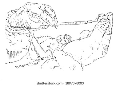 Manual Draw Sketch, Hand Inserting vacine from tube into sryinge
