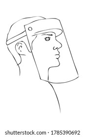 Esbozo manual de dibujo, hombre que usa el Escudo facial debido al virus pandémico Covid-19

