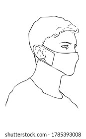 Esbozo manual de dibujo, hombre que usa máscara debido al virus pandémico Covid-19

