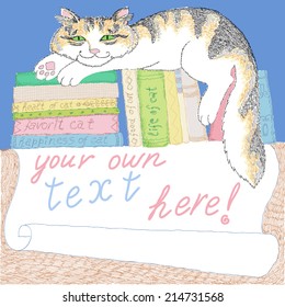 Manual drawing with cat and books
