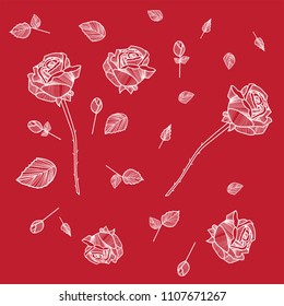 Manual drawing of roses in black and white with branches, leaves and thorns. Hand-drawn roses. Vector illustration of a rose. Vector. Red background