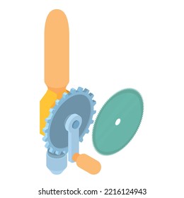 Vector isométrico del icono de perforación manual. Herramienta manual de perforación antigua y hoja circular de sierra. Trabajos manuales, de construcción y reparación