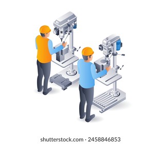 Operador manual de la máquina de perforación, ilustración 3d isométrica plana infografía