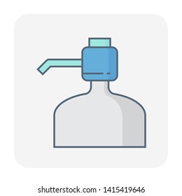 Manual drinking water bottle pump vector icon. Also called bottle hand press portable pump dispenser. Consist of press button control, hose pipe. Household for pouring water at home, kitchen, office.