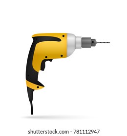 Manual electric drill. Realistic vector illustration, isolated on white background.