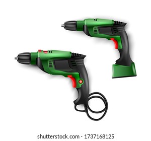 Manual, electric green hammer drill with drills. Tool  perforator for drilling holes in materials. Vector puncher illustration isolated. Working for construction, finishing, carpentry and repair work