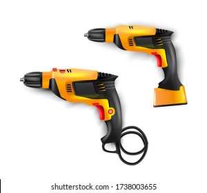 Manual, electric yellow hammer drill with drills. Tool  perforator for drilling holes in materials. Vector puncher illustration isolated. Working for construction, finishing, carpentry and repair work