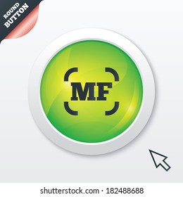 Manual focus photo camera sign icon. MF Settings symbol. Green shiny button. Modern UI website button with mouse cursor pointer. Vector