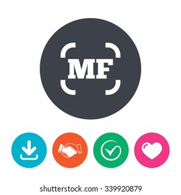 Manual focus photo camera sign icon. MF Settings symbol. Download arrow, handshake, tick and heart. Flat circle buttons.