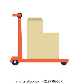 Manual forklift for moving goods over short distances. Loader for unloading and shipping goods. Hand loader with cardboard boxes in side view. Color illustration in flat graphic style.