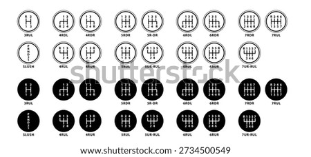 Manual gear lever. 1, 2, 3, 4, 5 and R indicate the forward gears. Car gear shifter, automotive transmission part symbol set. Car gearbox. Manual clutch knob. Car gear shifting lever. Stick shift knob
