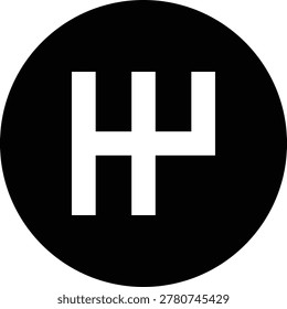Manual gear shift h-pattern icon features a white diagram inside a solid black circular background. The minimalist graphic represents automotive control and driving mechanics. Ideal for car repair websites, driver education manuals, and dashboard interface designs. Suitable for print and digital media applications in the transport sector.
