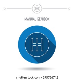 Manual gearbox icon. Car transmission sign. Blue flat circle button. Linear icon with shadow. Vector