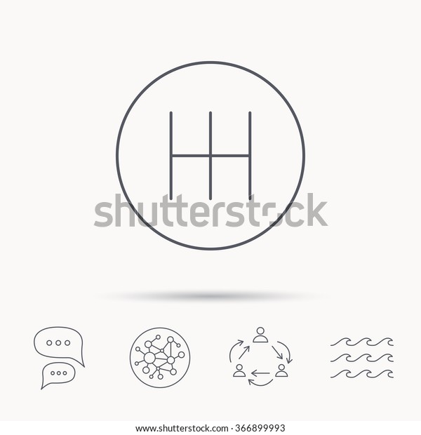 Manual\
gearbox icon. Car transmission sign. Global connect network, ocean\
wave and chat dialog icons. Teamwork\
symbol.