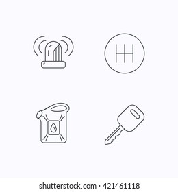Manual gearbox, jerrycan and car key icons. Siren alarm, fuel jerrycan linear signs. Flat linear icons on white background. Vector