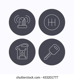 Manual gearbox, jerrycan and car key icons. Siren alarm, fuel jerrycan linear signs. Flat icons in circle buttons on white background. Vector
