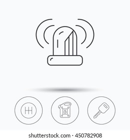Manual gearbox, jerrycan and car key icons. Siren alarm, fuel jerrycan linear signs. Linear icons in circle buttons. Flat web symbols. Vector