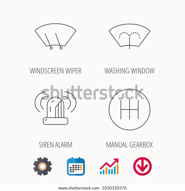 Manual gearbox, siren alarm and\
washing window icons. Windscreen wiper linear sign. Calendar, Graph\
chart and Cogwheel signs. Download colored web icon.\
Vector