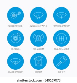 Manual gearbox, tire service and car key icons. Siren alarm, jerrycan and wheel pressure linear signs. Window washing, wiper and heated icons. Blue circle buttons set. Linear icons.