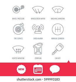Manual gearbox, tire service and car key icons. Siren alarm, jerrycan and wheel pressure linear signs. Window washing, wiper and heated icons. New tag, speech bubble and calendar web icons. Vector