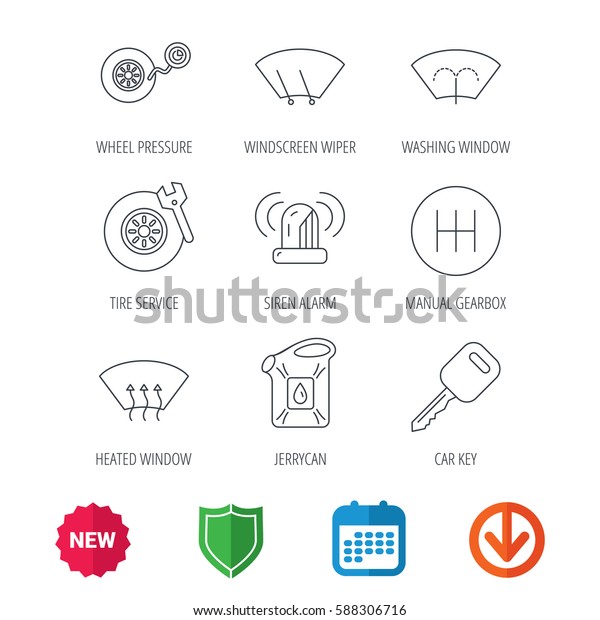 Manual gearbox, tire service and car key icons.\
Siren alarm, jerrycan and wheel pressure linear signs. Window\
washing, wiper and heated icons. New tag, shield and calendar web\
icons. Download arrow