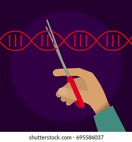 Manual genetic engineering concept. Stock vector illustration of a human hand cutting DNA double helix with scissors.r