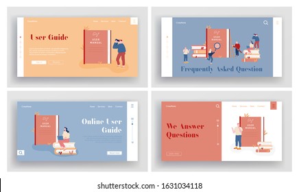 Manual Guide Book Website Landing Page Set. People with Guidance Instruction or Textbooks. Customers Reading Guidebook and Writing Instruction Web Page Banner. Cartoon Flat Vector Illustration