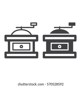 Manual Hand Coffee Mill Grinder line and solid icon, outline and filled vector sign, linear and full pictogram isolated on white. Symbol, logo illustration