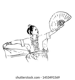 Manual Hand Draw Sketch, Girl, Kipas Pukarena, Gowa, Sulawesi, Indonesia, Traditional Dancer, at White Background
