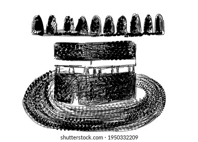 Dibujo manual de dibujo de mano de Kaaba en La Meca Arabia Saudita, vista de ojo-pájaro