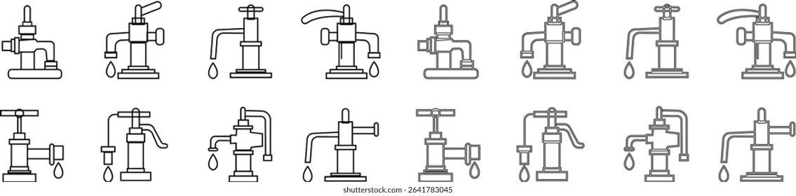 Manual Hand Pressure Pump Silhouette Icon set, Water pump icons, Irrigation Vector Line art - Simple Thin Line Premium Quality Design Monochrome Elements, The pumping station where water is pumped