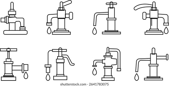 Manual Hand Pressure Pump Silhouette Icon set, Water pump icons, Irrigation Vector Line art - Simple Thin Line Premium Quality Design Monochrome Elements, The pumping station where water is pumped