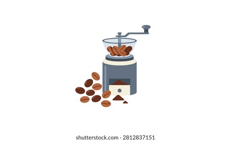 Manual hand-cranked coffee grinder made of grey material positioned next to a pile of dark roasted coffee beans on white.