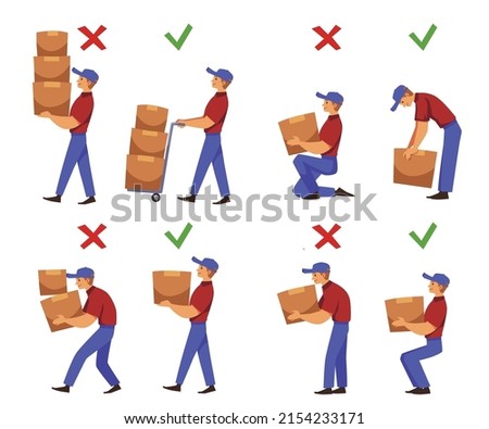 Manual handling of loads infographic set with man loader lifts up heavy boxes in correct and incorrect way, flat vector illustration isolated on white background.
