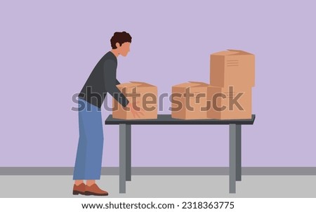 Manual Handling Worker Lifting Box Manually for Manual Handling Training, Manual Lifting of Heavy Objects Handling Warehouse Worker. Correct Lift of Box. Man Stand Up with Cardboard Package in Hands.