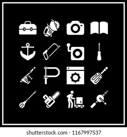 manual icon. 16 manual vector set. toolbox, chainsaw, camera and open book icons for web and design about manual theme