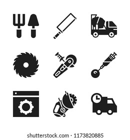 manual icon. 9 manual vector icons set. concrete mixer, power saw and circular saw icons for web and design about manual theme
