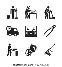 manual icon. 9 manual vector icons set. carpenter, sweeping and hammer drill icons for web and design about manual theme