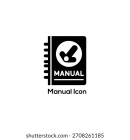 Icono manual con libro enlazado a anillo, marca de verificación y texto "MANUAL", instrucciones de representación, guía, guía del usuario y Asistencia de información