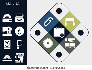 manual icon set. 13 filled manual icons.  Collection Of - Info, Manual, Sewing machine, Saw, Information, Typewriter