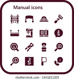 manual icon set. 16 filled manual icons.  Simple modern icons about  - Sewing machine, Saw, Manual, Razor, Drill, Information, Pliers, Shaving brush, Info