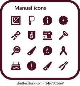 manual icon set. 16 filled manual icons.  Collection Of - Exposure, Saw, Information, Pliers, Sewing machine, Razor, Typewriter, Advise