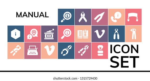 manual icon set. 19 filled manual icons.  Simple modern icons about  - Info, Information, Pliers, Typewriter, Vimeo, Plier, Shaving brush, Grinder, Manual, Saw