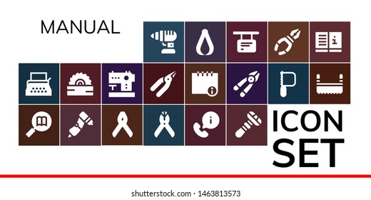 manual icon set. 19 filled manual icons.  Collection Of - Drill, Typewriter, Information, Pliers, Razor, Saw, Sewing machine, Info, Plier, Manual