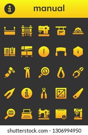 manual icon set. 26 filled manual icons.  Simple modern icons about  - Saw, Information, Sewing machine, Manual, Advise, Drill, Pliers, Info, Exposure, Typewriter
